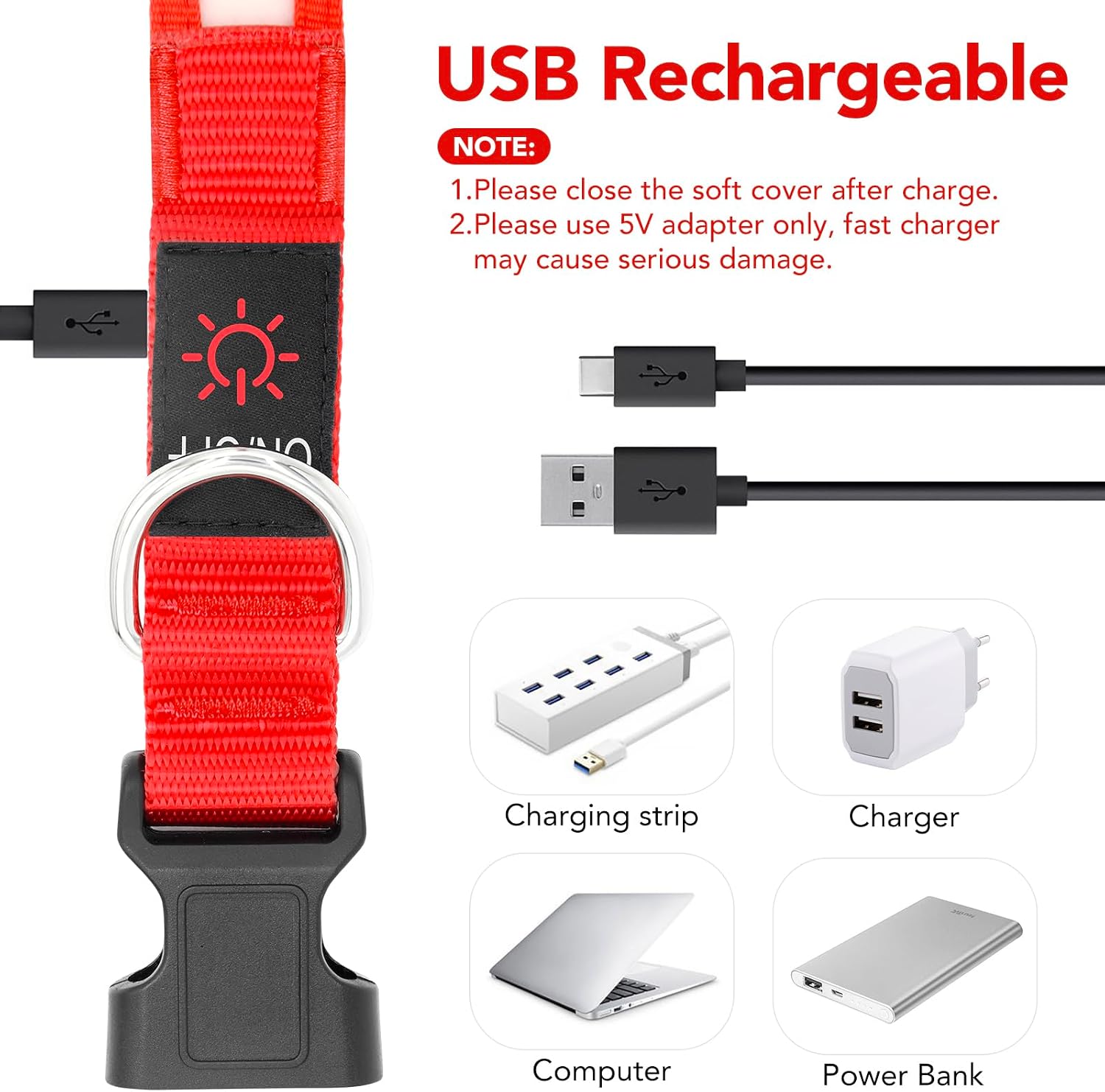 LED Dog Collar, Light up Dog Collar Adjustable USB Rechargeable Super Bright Safety Light Glowing Collars for Dogs(Small,Red)