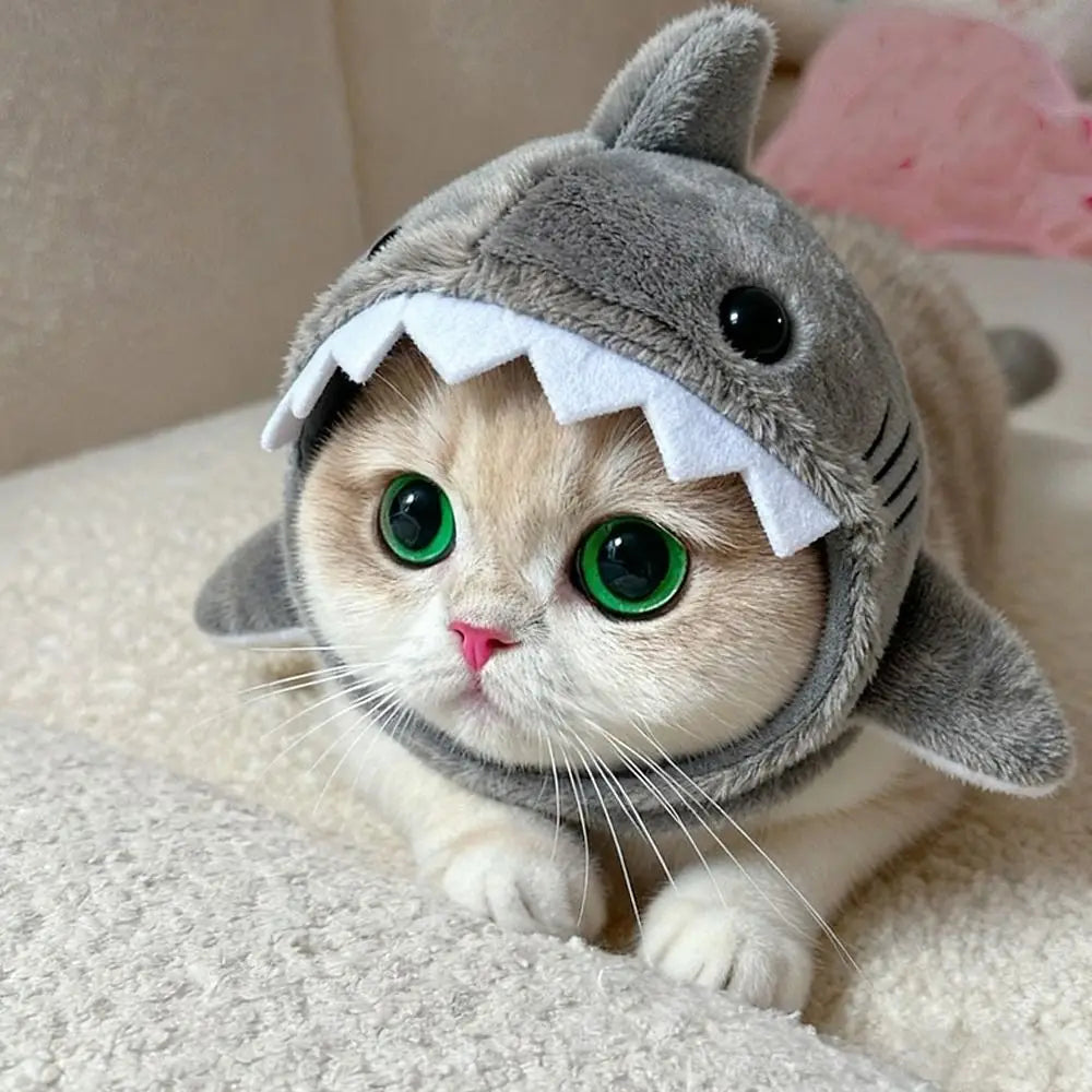 Kitten Outfits Adjustable Cat Shark Headdress Cartoon Warm Plush Cat Decorative Hat Cute Soft Pet Costume Halloween