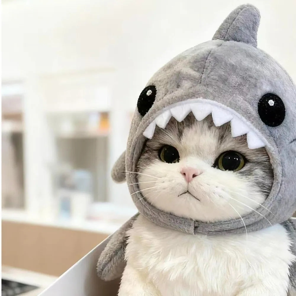 Kitten Outfits Adjustable Cat Shark Headdress Cartoon Warm Plush Cat Decorative Hat Cute Soft Pet Costume Halloween