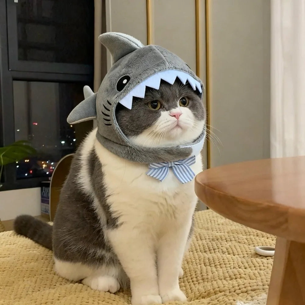 Kitten Outfits Adjustable Cat Shark Headdress Cartoon Warm Plush Cat Decorative Hat Cute Soft Pet Costume Halloween
