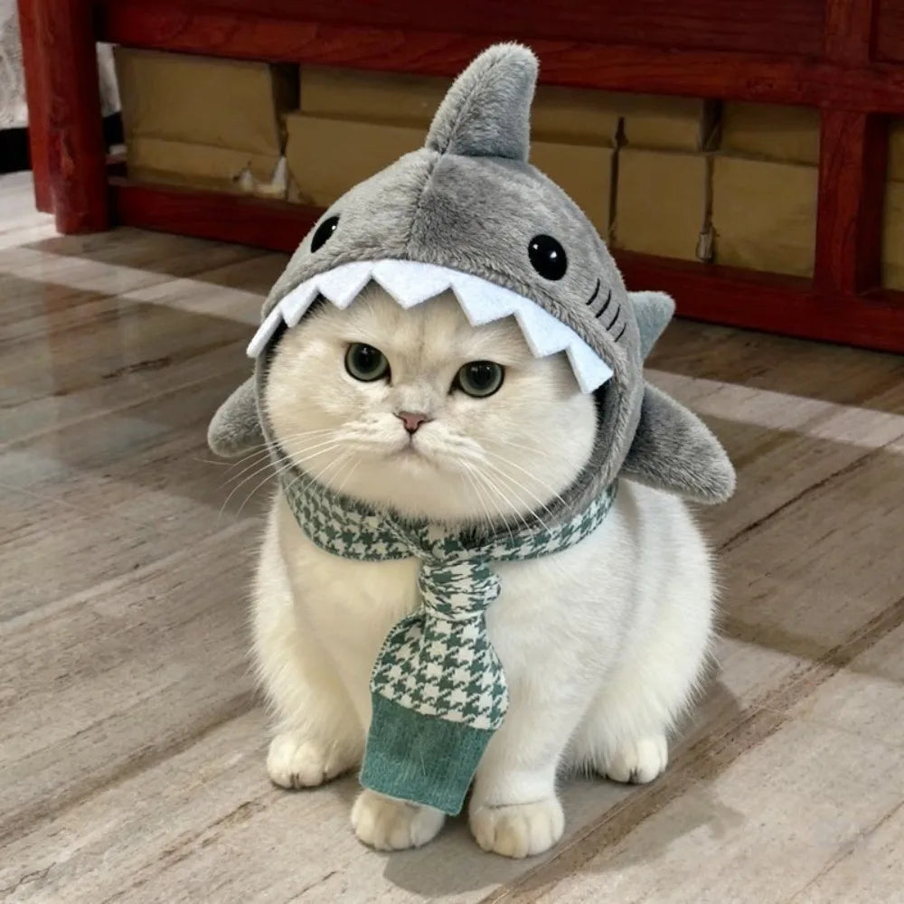 Kitten Outfits Adjustable Cat Shark Headdress Cartoon Warm Plush Cat Decorative Hat Cute Soft Pet Costume Halloween