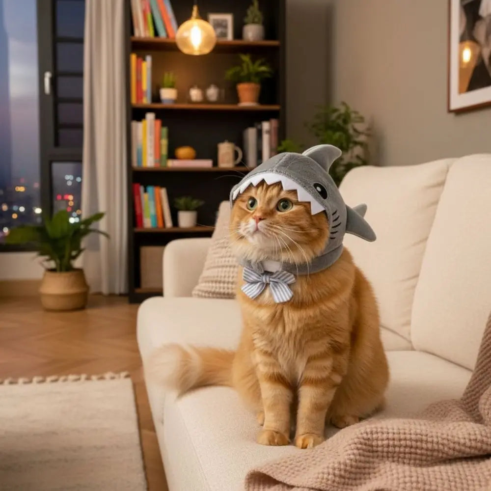 Kitten Outfits Adjustable Cat Shark Headdress Cartoon Warm Plush Cat Decorative Hat Cute Soft Pet Costume Halloween